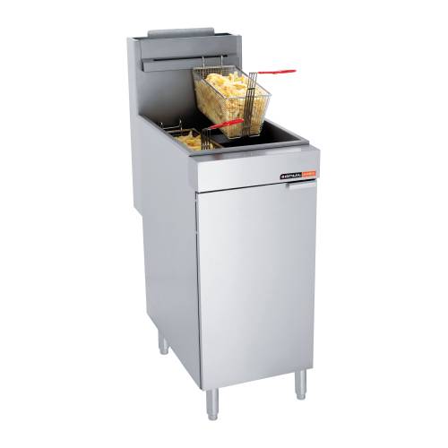 Anvil 20L gas fish fryer with single pan, stainless steel construction, and floor-standing design for professional kitchen use.