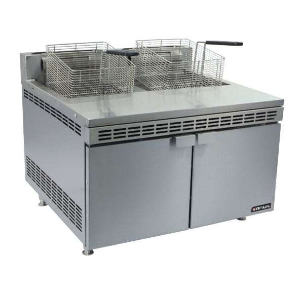 Anvil double pan gas fryer with dual baskets, stainless steel design, and front-facing control knobs for commercial kitchen use.