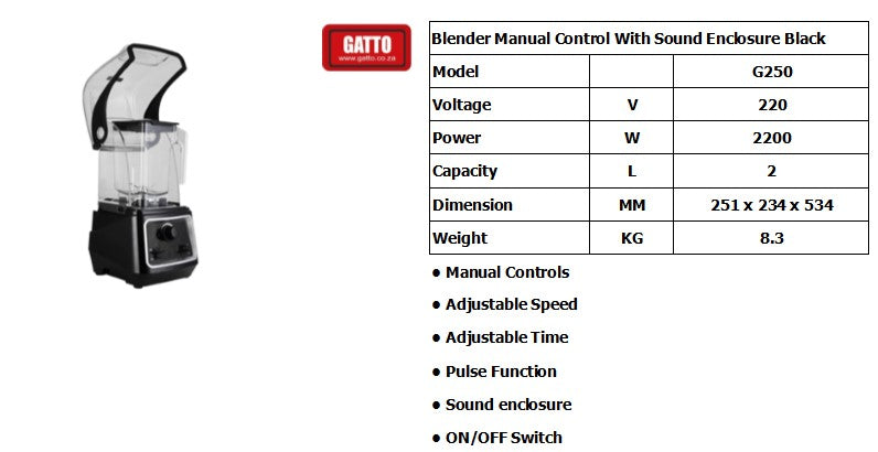 GATTO High Performance Manual Control Blender W/ Sound Enclosure - 2200W - 2L - Black GATTO