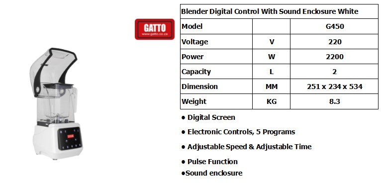 GATTO High Performance Digital Control Blender W/ Sound Enclosure - 2200W - 2L - White GATTO