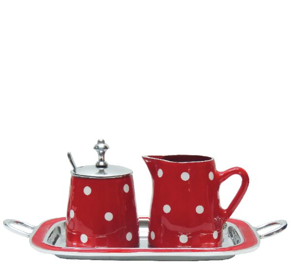 Alum Milk & Sugar Set Red W/White Dots FANEL