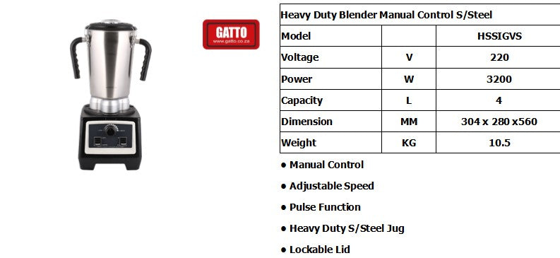 GATTO Heavy Duty Blender Manual Control - 3200W 4L - Stainless Steel Jug GATTO