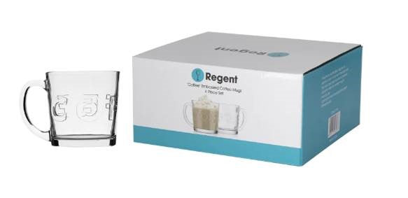 REGENT 'COFFEE' EMBOSSED GLASS COFFEE MUGS 4 PACK, (380ML) CLEARANCE Regent