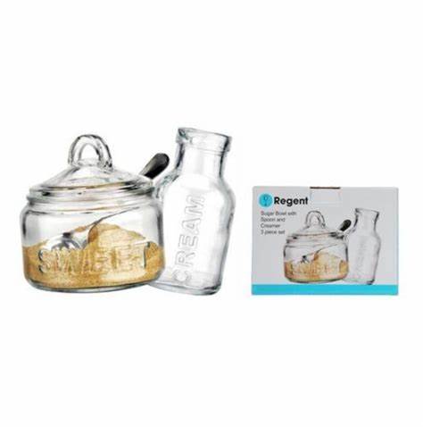 REGENT GLASS SUGAR BOWL 540ML & CREAMER 340ML WITH SPOON 3 PIECE SET, (120X115MM l 75MM DIAX140MM) REGENT