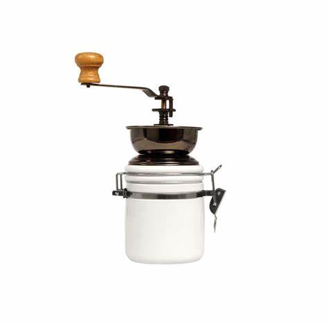 REGENT COFFEE GRINDER WITH WHITE CERAMIC HERMETICO STORAGE CANISTER, 250ML (180X80MM DIA) Regent