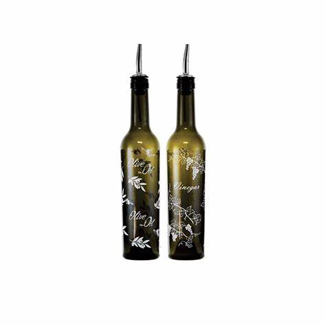 CONSOL OLIVE OIL & VINEGAR BOTTLE W/POURER ANTIQUE GREEN W/WHITE PRINT 2PCE SET, 375ML (275X 63MM:D Regent